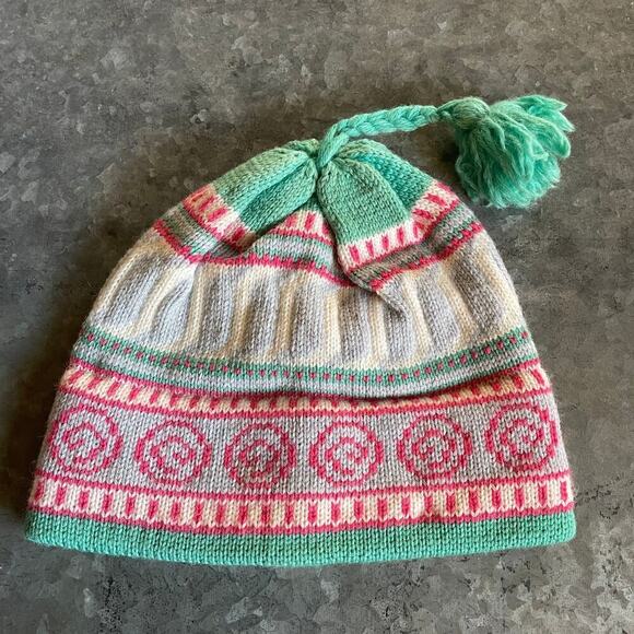 Vintage Fair Isle Wool USA Beanie Hat Cap Mint Green Pink Pom Pom Kidcore Candy - Picture 1 of 8